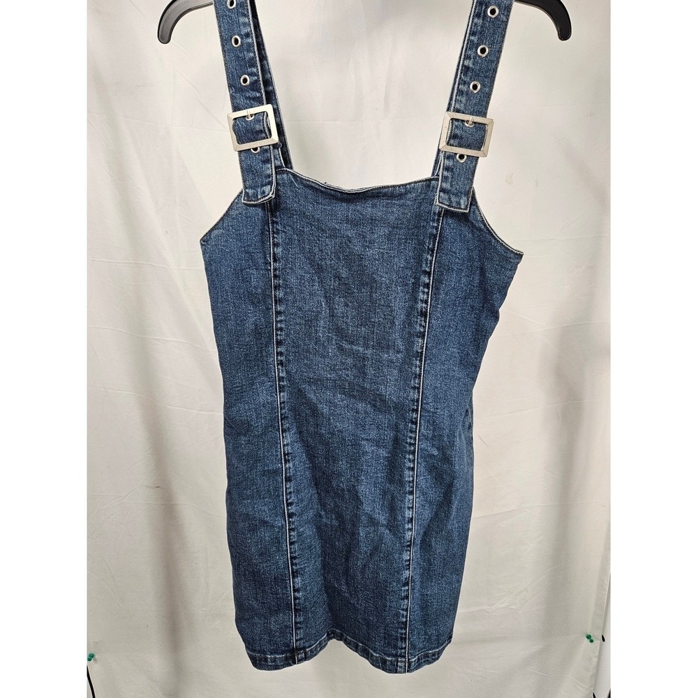 L&M Black Label Denim Pinafore Mini Dress Medium Wash Blue Buckle Straps Small